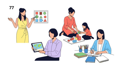 Diverse Women in Education: Showcasing women educators in various settings. A teacher guides shapes, a tutor assists a child, a mentor examines tablet map, and a professor takes note. 