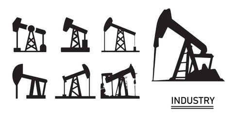 Oil Pumpjack Industry Icons Collection &ndash; Petroleum Extraction Machines Vector Pack