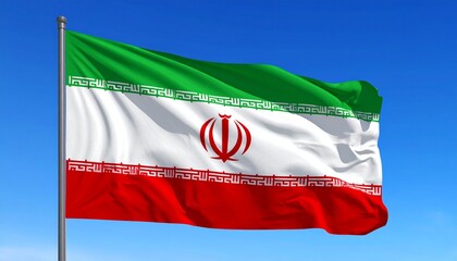 Naklejka premium Iranian flag waving in clear blue sky, symbolizing national identity and pride.
