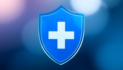 Obraz premium A blue shield with a white cross is shown on a blurred background