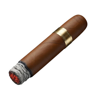 A single premium cigar with a gold band and intricate red and white design isolated on transparent background,png,PNG
