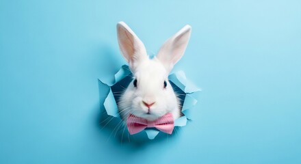 Fototapeta premium White Easter Bunny with Pink Bow Tie Peeking Through Blue Paper Hole, Creative Holiday Surprise, Minimalist Rabbit Character, Greeting Card Design