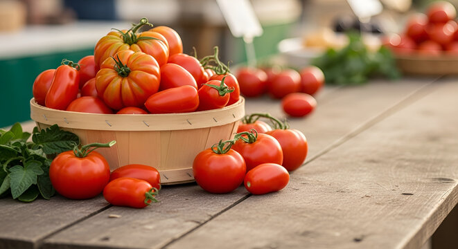 Fresh organic tomatoes in a basket on a rustic wooden table at a farmers market