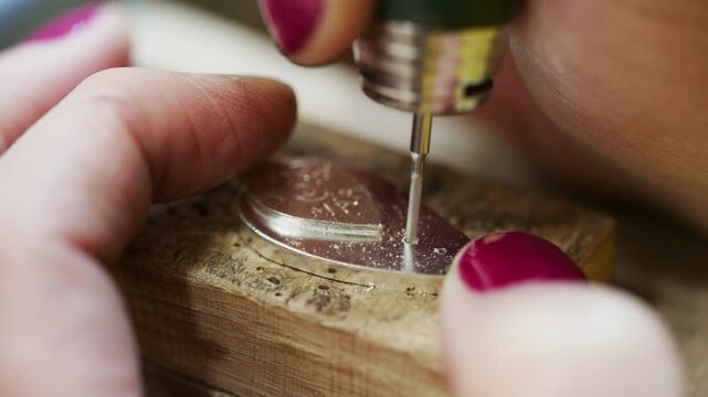 Jeweler drilling holes in a silver pendant