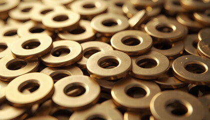 Shiny brass flat washers pile. Industrial hardware metal fastener texture.