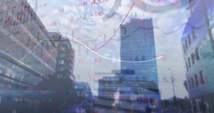 Vertical video: Trends fading in, HUD overlay moving over glass tower and roadway, showing markets