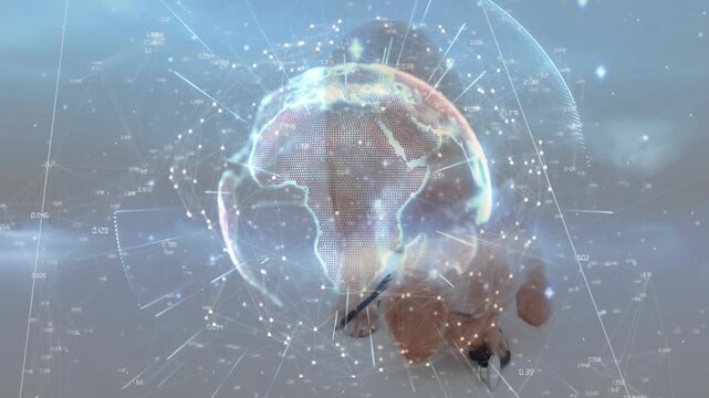 Holo globe forming, revealing puppy and shifting grid while steth tube tracking, tech data emitting