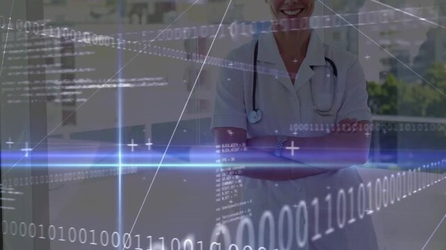Doctor standing arms crossed animated binary HUD sweeping revealing smile visualizing medical data