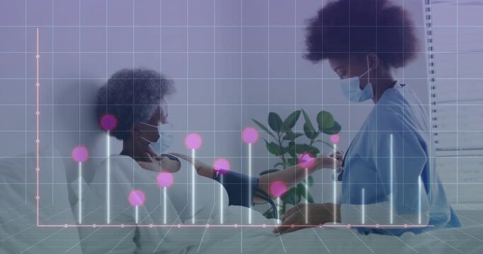 Nurse placing cuff on patient, initiating BP measurement while animated overlay rising then fading
