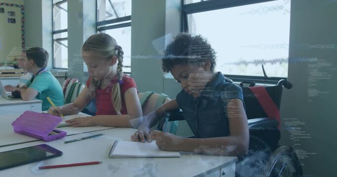 Two front pupils writing notes doing assignment camera rolling showing overlay by classroom window