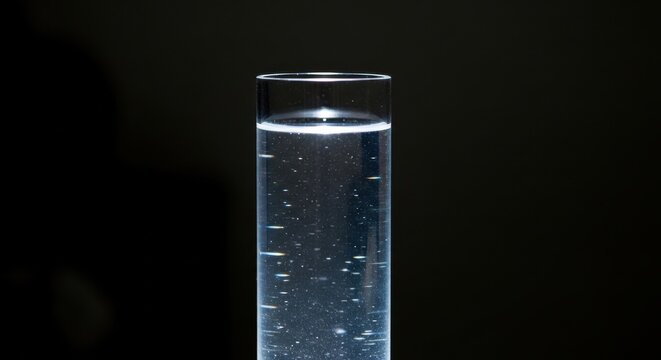 A tall clear glass cylinder filled with pure filtered water showcasing tiny bubbles and liquid surface details against a dark background