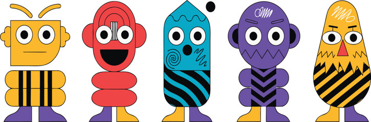 Colorful cute monster characters set, funny cartoon creatures collection, playful kids illustration, abstract mascot design isolated on white background