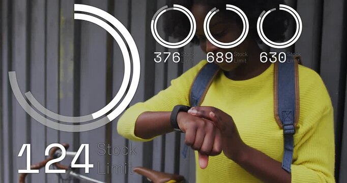 Woman tapping watch beside bicycle, watching finance HUD meters rising and falling, syncing to taps