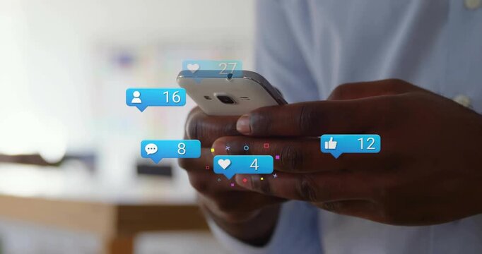 Man tapping blue bubble popping icons moving around phone and counts rising showing social reach