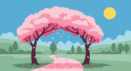 Modern vector illustration of Japanese cherry blossoms festival with sakura trees forming a floral tunnel over a peaceful walking path, falling petals, clean flat spring scenery © Amie