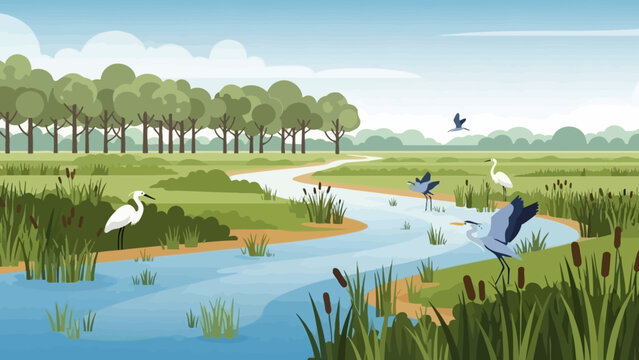 White Birds Flying Over Wetland Landscape.