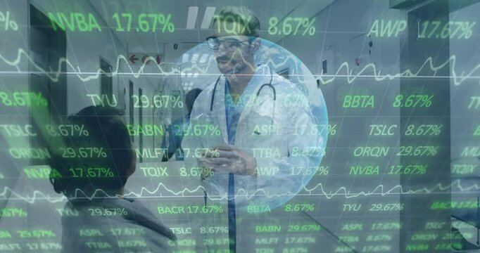 Doctor walking hall pausing and checking chart explaining medical info with tickers and ECG overlay
