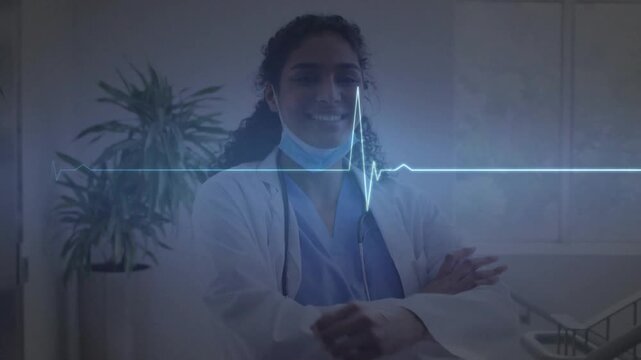 Medical nurse lowering mask fixing collar as animated ECG peaks aligning crossing arms smiling calm