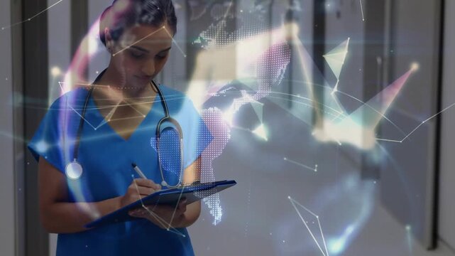 Nurse charting on clipboard in clinic hall causing network lines, rotating globe over face, smiling