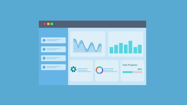 Animated flat dashboard interface showing charts, graphs, and data panels with settings icon in a browser window. Concept of analytics monitoring, business reporting, and digital technology interface.
