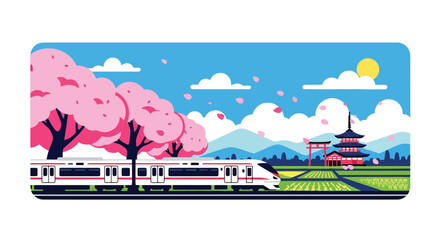 Modern vector illustration of Japanese cherry blossoms festival with train passing through blooming sakura trees and falling petals in countryside spring scene © Amie