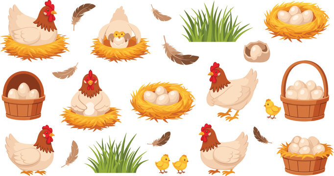 Cute Farm Chicken Laying Eggs Illustration Set with Hens, Straw Nests, Egg Baskets, Feathers, Grass, and Baby Chicks Cartoon Style Vector Collection
