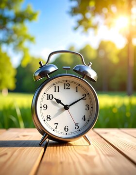 Alarm Clock on Wooden Table in Sunny Green Field.