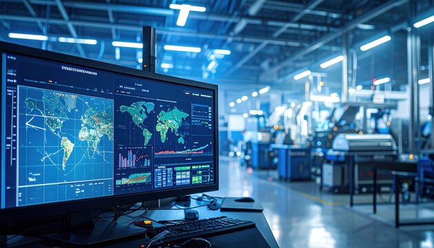 Advanced computer screen displaying global data analytics and monitoring systems within a modern industrial hub