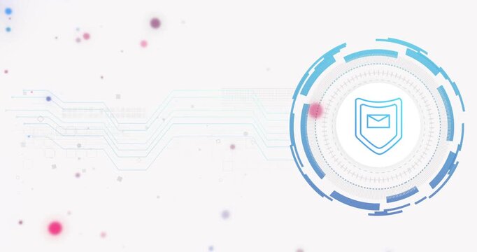 Shield icon emerging right, circuits appearing left initiating dots flowing to rings securing email