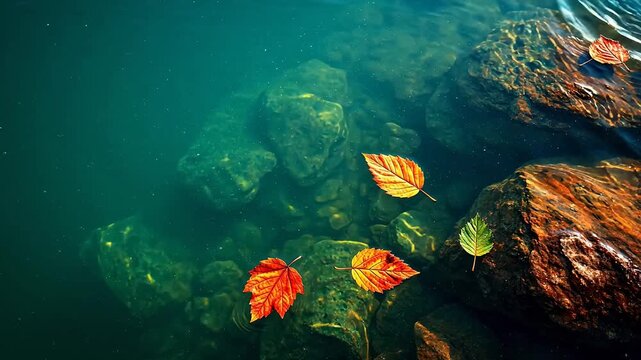 Underwater autumn leaves and rocks