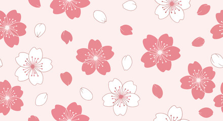 Modern vector illustration of Japanese cherry blossoms festival seamless pattern with sakura flowers and petals arranged in clean decorative spring style © Amie