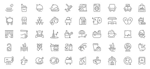 Fototapeta premium Hotel service icons set. editable line icons for amenities, hospitality, and travel