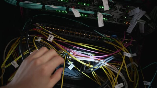 POV of unrecognizable technician examining colorful network cables and ports in server rack using handheld flashlight in data center during maintenance work