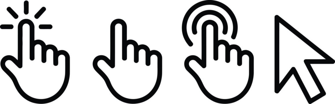 Cursor pointer clicking hand icon set vector illustration black and white different styles for interface design