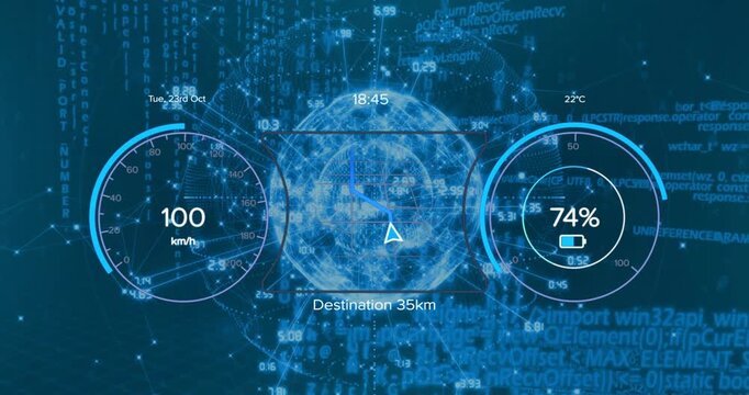 Vertical video: Showing globe HUD in car, nav marker showing, updating speed, 74% battery to 35km