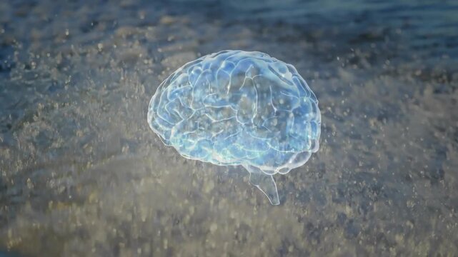 Glowing blue brain hologram hovering over surf, waves sparking rotating bobbing to show neural sync