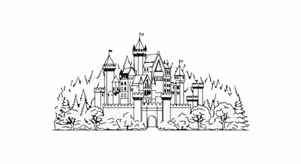 Fototapeta premium Majestic fairytale castle emerges from a dense, whimsical forest