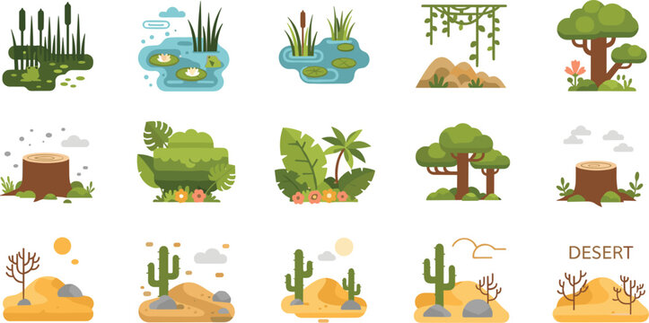 Nature biome landscape vector collection featuring desert cactus forest trees swamp ponds and jungle greenery for environmental education game design and ecosystem habitat illustration designs.
