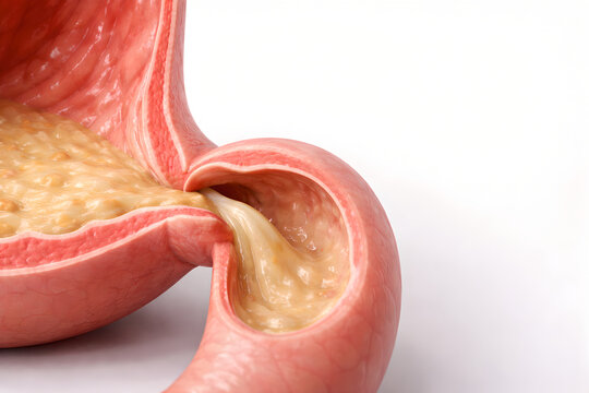 Photorealistic medical-grade 3D anatomical cutaway of the human stomach during digestion: partially digested food forming a smooth chyme layer, gentle peristaltic folds