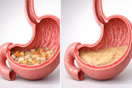 Photorealistic medical-grade 3D anatomical cutaway of the human stomach during digestion: partially digested food forming a smooth chyme layer, gentle peristaltic folds