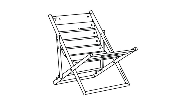Folding deck chair line art illustration shows a classic wooden garden seat design with slats on a plain white background.