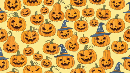 Fototapeta premium Seamless pattern featuring a variety of carved orange halloween pumpkins including some wearing blue wizard hats on a light background.