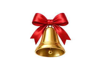 A festive golden bell adorned with a bright red ribbon bow