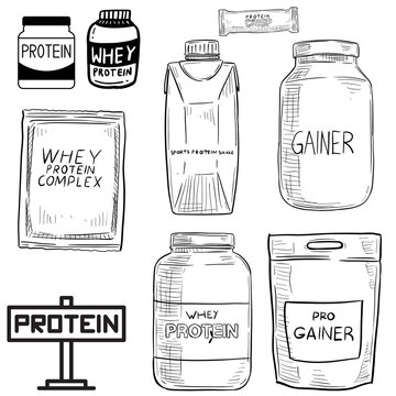 Hand Drawn Protein Supplements Set PNG &ndash; Whey Protein, Mass Gainer, Shake Bottle and Fitness Nutrition Packaging Isolated