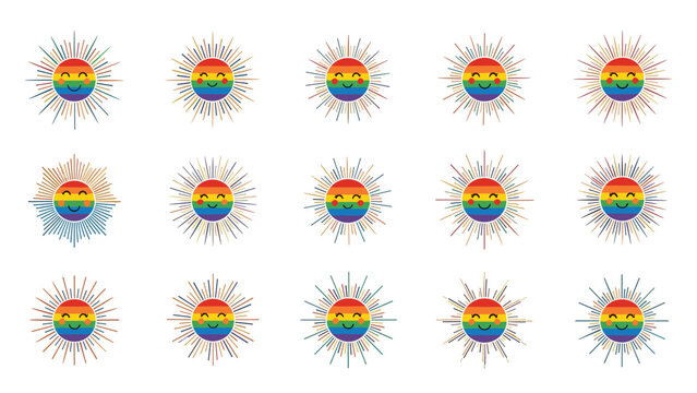 Grid of fifteen unique smiling sun icons with rainbow colored faces and various styles of radiating rays on a plain white background.