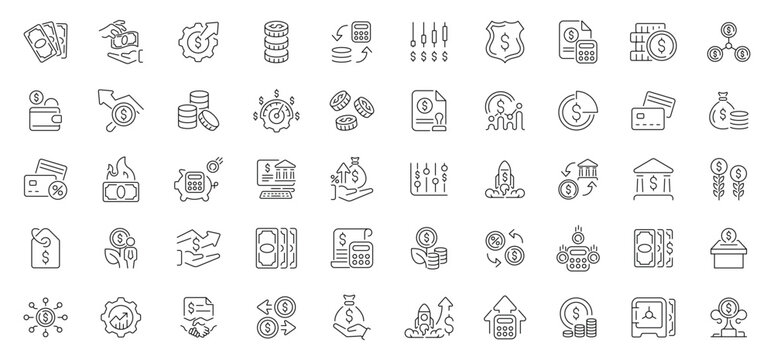 Money vector icons in line style. Money and finances outline icons set. Money icons collection