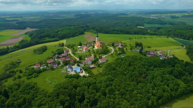 Aerial view of the church Wallfahrtskirche Heilige Dreifaltigkeit &ndash; Eichlberg (Hemau) in Germany, Bavaria on a sunny day day in Spring