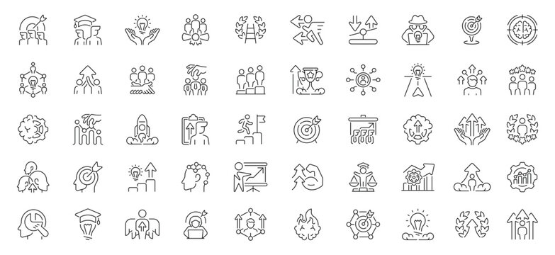 Develop vector icons in line style. Development, progress, develop, upgrade icons collection.