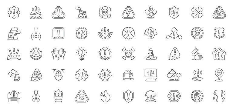 Warning icons collection. Thin line icons related to danger and warning. Warning alert