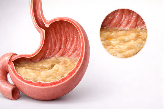 Photorealistic medical-grade 3D anatomical cutaway of the human stomach during digestion: partially digested food forming a smooth chyme layer, gentle peristaltic folds
